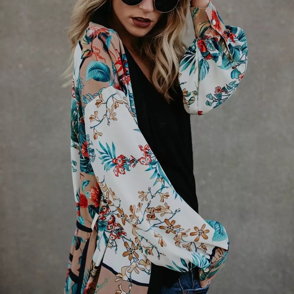 Tops - Belted Kimono Floral Cardigan
